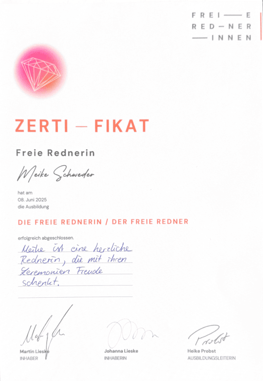 Zertifikat Freie Rednerinnen. Meike hat die Fortbildung erfolgreich abgeschlossen.